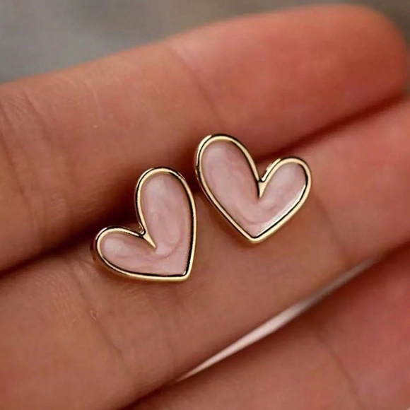 Pink Hearts Stud Earrings Yellow Gold Tone Fashion Jewelry - Picture 9 of 9